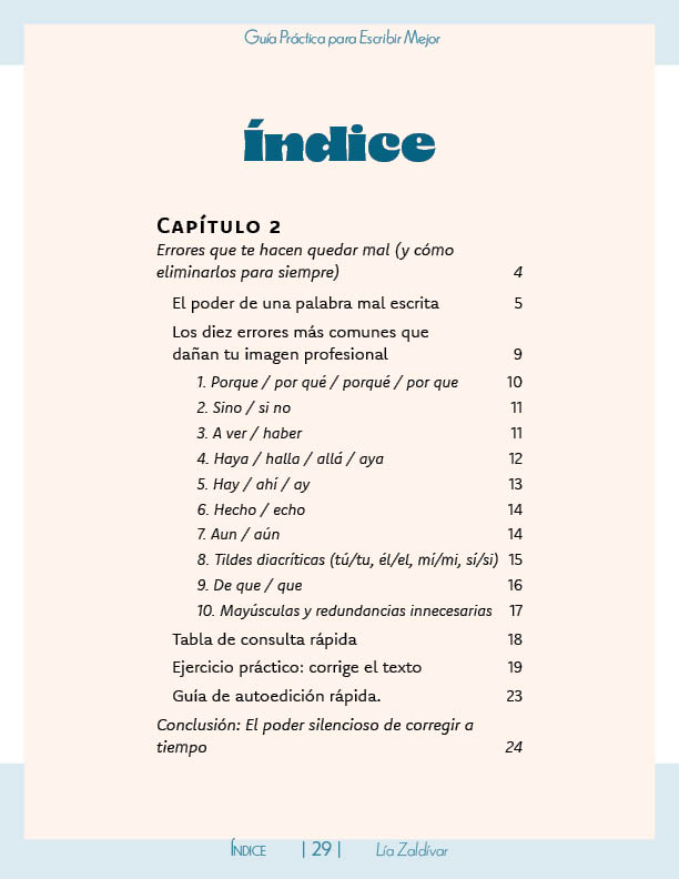 Índice del capítulo 2 de la Guía Práctica para Escribir Mejor
