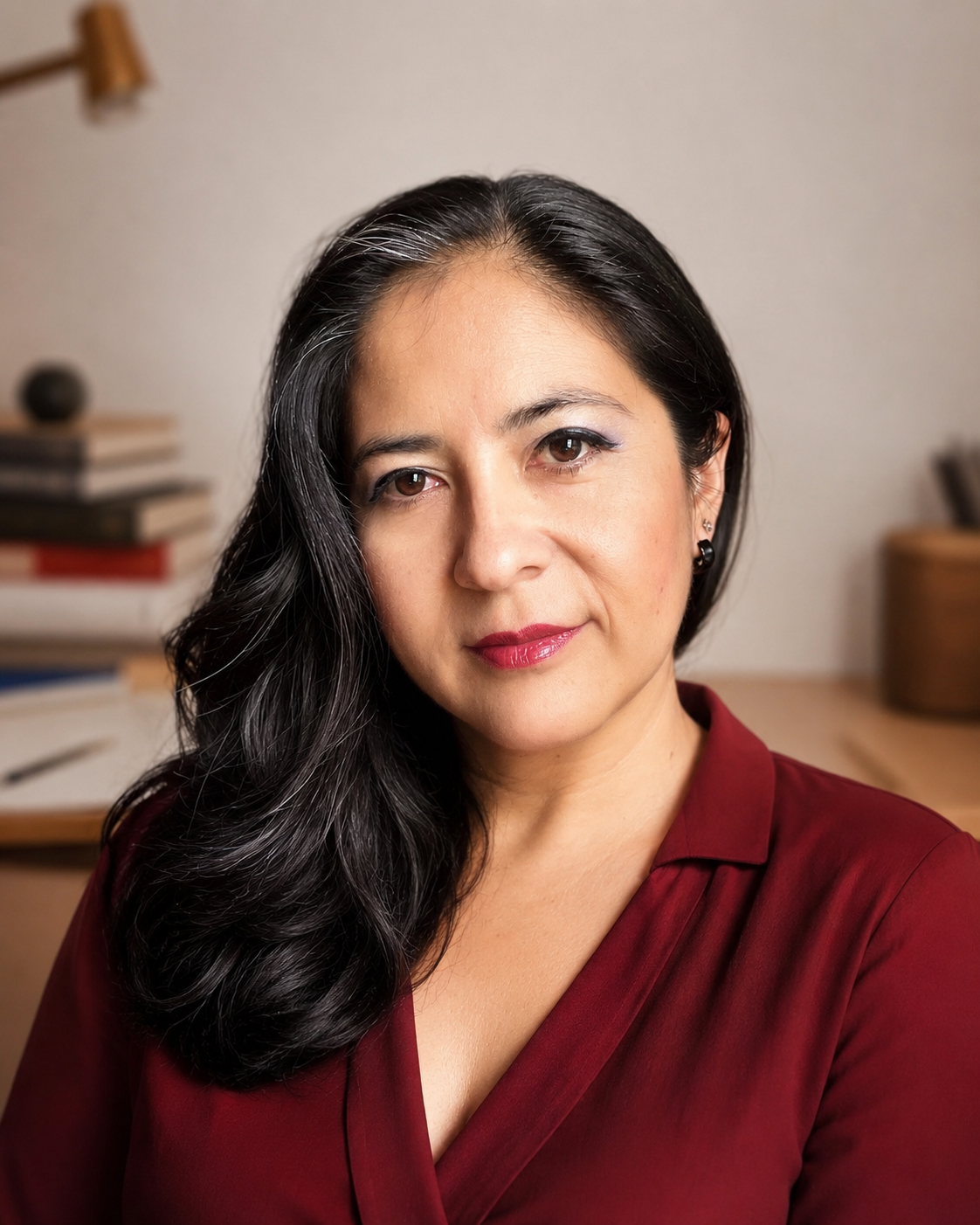 Retrato editorial de Lía Zaldívar en su escritorio con libros al fondo