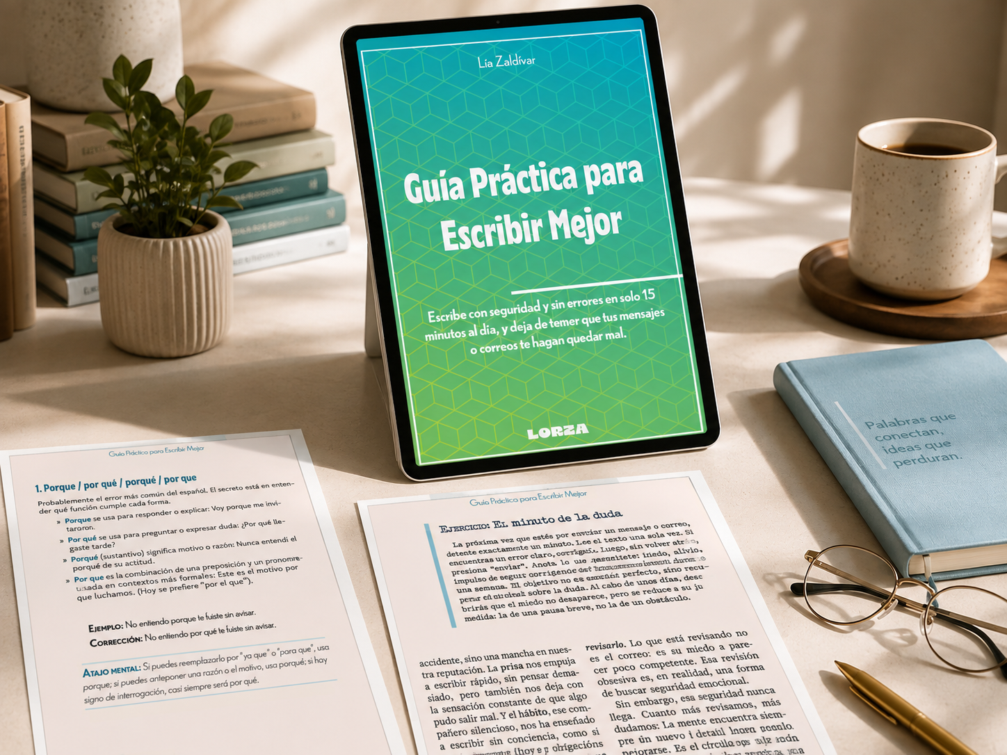 Guía Práctica para Escribir Mejor mostrada en una tableta sobre un escritorio editorial, con páginas interiores impresas